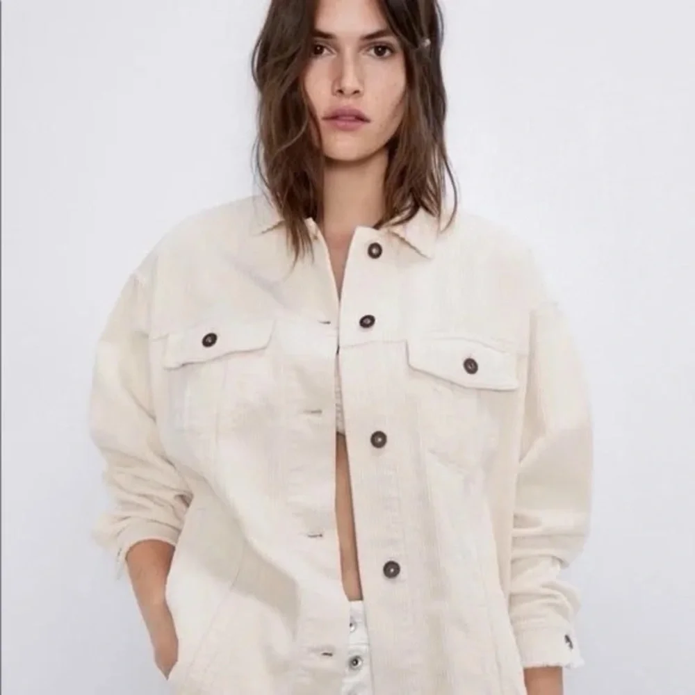 Zara Cream Corduroy Shacket Raw Hem Button Up Jacket - Picture 3 of 6